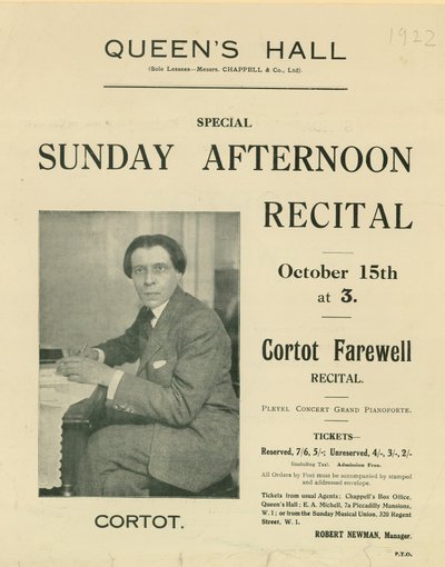 برنامج Cortot Farewell Recital بواسطة مصور انجليزى