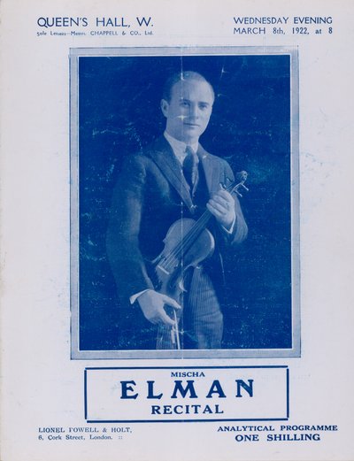 برنامج ميشا إلمان ريسيتال ، كوينز هول ، في 8 مارس 1922 بواسطة مصور انجليزى