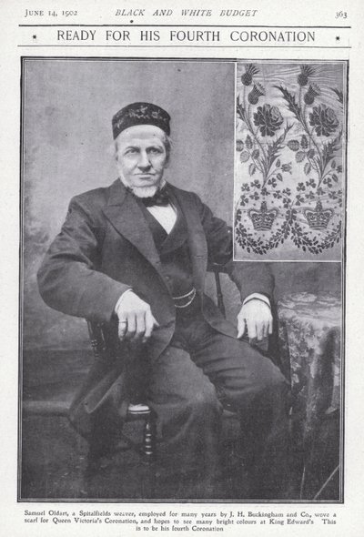 صامويل أولدارت ، الحائك من سبيتالفيلدز ، لندن ، الذي نسج وشاحًا لتتويج الملكة فيكتوريا (صورة b / w) بواسطة مصور انجليزى