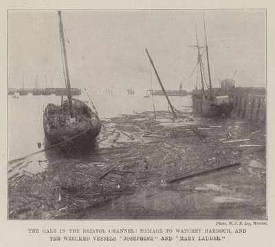 The Gale in the Bristol Channel، Damage to Watchet Harbour، and Wrecked Vessels السفن جوزفين وماري لودر بواسطة مصور انجليزى