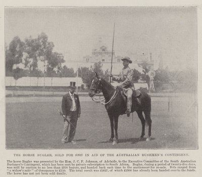 تم بيع The Horse Bugler مقابل 2627 جنيهًا إسترلينيًا لمساعدة فرقة Bushmens الأسترالية ، أديليد. رسم توضيحي لأخبار لندن المصورة ، 26 مايو 1900 بواسطة مصور انجليزى