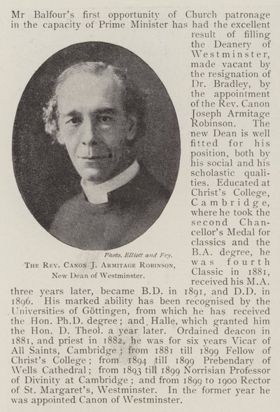 القس Canon J Armitage Robinson ، عميد وستمنستر الجديد بواسطة مصور انجليزى