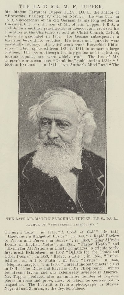 الراحل السيد Martin Farquhar Tupper ، FRS ، DCL ، مؤلف فلسفة المثل بواسطة مصور انجليزى