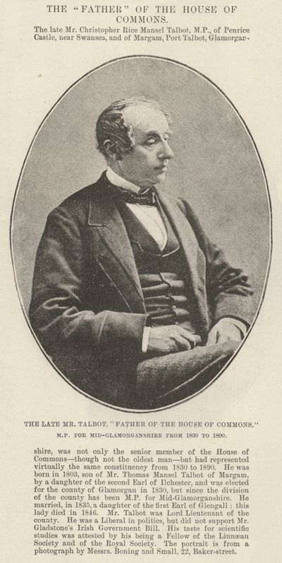 المرحوم السيد تالبوت ، والد مجلس العموم ، النائب عن منتصف جلامورجانشاير من عام 1830 إلى عام 1890 بواسطة مصور انجليزى