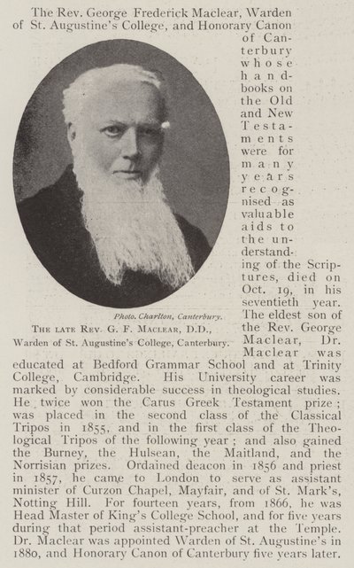 المرحوم القس GF Maclear، DD، Warden of St Augustines College، Canterbury بواسطة مصور انجليزى