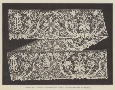 التشذيب للحصول على روشيه من الدانتيل Needlepoint ، من صنع الأيرلندية الفلاحات للبابا بواسطة مصور انجليزى