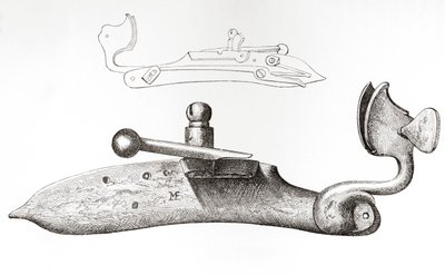 القرن السابع عشر Matchlock. آلية أو قفل يستخدم لإطلاق سلاح ناري محمول باليد ، من الجيش البريطاني: أصوله ، تقدمه ومعداته ، نُشر عام 1868. بواسطة مدرسة اللغة الإنجليزية