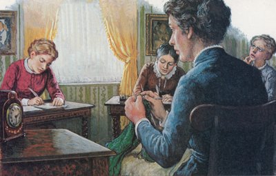 1873، ثلاثة طلاب من كلية غيرتون التي تأسست حديثًا يخضعون لامتحانات الشهادة النهائية (صورة حجرية ملونة) بواسطة مدرسة اللغة الإنجليزية