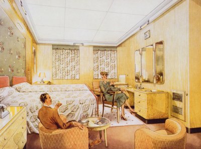 غرفة نوم على متن RMS Caronia ، c.1950 بواسطة مدرسة اللغة الإنجليزية