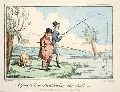 A Good Bite or Swallowing the Bait, pub. 1835 (hand coloured engraving) بواسطة مدرسة اللغة الإنجليزية