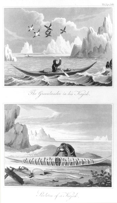 غرينلاندر وزوارق كاياك ، من تاريخ غرينلاند بقلم ديفيد كرانتز ، 1820 بواسطة مدرسة اللغة الإنجليزية