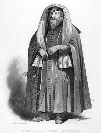 حاخام يهودي يرتدي ملابس الصلاة ، نقش ر. يونغ ، من "الدين العالمي" ، نشره أ.فولارتون وشركاه (نقش) بواسطة مدرسة اللغة الإنجليزية