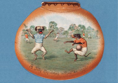 عيد ميلاد جولي بدون انزعاج! ، بطاقة عيد الميلاد تصور مباراة كرة قدم بين الكلاب ، 1890s بواسطة مدرسة اللغة الإنجليزية