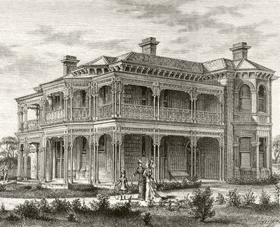منزل في ضواحي ملبورن ، c.1880 ، من "الصور الأسترالية" لهوارد ويلوبي ، نشرته جمعية المسالك الدينية ، لندن ، 1886 بواسطة مدرسة اللغة الإنجليزية