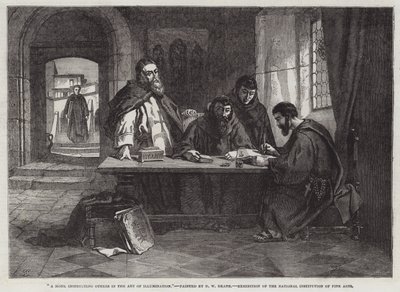 A Monk instructing others in the Art of Illumination (engraving) بواسطة مدرسة اللغة الإنجليزية