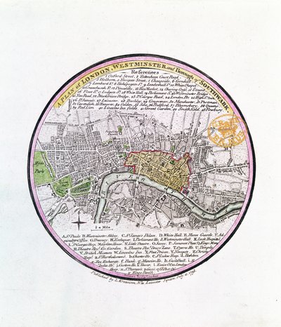 خطة لندن ، وستمنستر وبورو من ساوثوارك ، 1793 (النقش اليدوي) بواسطة مدرسة اللغة الإنجليزية