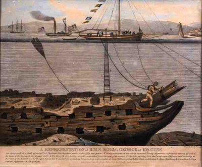تمثيل لـ HMS Royal George of 108 Guns ، نُشر عام 1833 (نقش ملون) بواسطة مدرسة اللغة الإنجليزية