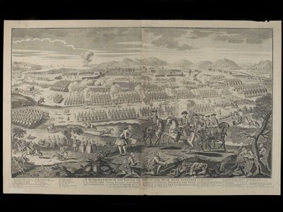 تمثيل للمعركة على دروموسي مور بالقرب من كولودن في اسكتلندا ، 16 أبريل 1746 ، نشره هنري أوفرتون ، 30 يونيو 1746 بواسطة مدرسة اللغة الإنجليزية