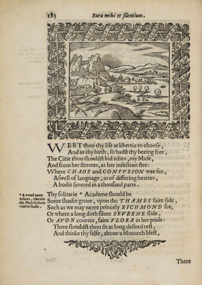 مشهد ريفي مع قصيدة "Rura Mihi et Silentium" ، رسم توضيحي من "Minerva Britanna ..." بقلم هنري بيتشام الأصغر بواسطة مدرسة اللغة الإنجليزية