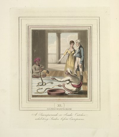 Saumpareeah أو Snake Catcher يعرض الثعابين قبل الأوروبيين ، حوالي 1824 (لون ليثو) بواسطة مدرسة اللغة الإنجليزية