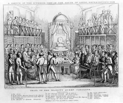 A Sketch of the Interior View of the House of Lords, representing the Trial of Her Majesty Queen Caroline, pub. 1820 (b/w engraving) بواسطة مدرسة اللغة الإنجليزية