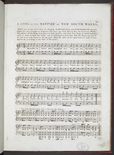 "أغنية من سكان نيو ساوث ويلز الأصليين" ، من "Musical Curiosities" ؛ أو مجموعة مختارة من الأغاني الوطنية والهواءات الأكثر تميزًا ... "، بقلم إدوارد جونز 1811 (ليثو) بواسطة مدرسة اللغة الإنجليزية