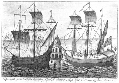 إسباني &39;Guarda Costa&39; (خفر السواحل) يركب سفينة الكابتن جينكين ويقطع أذنه ، 1731 بواسطة مدرسة اللغة الإنجليزية