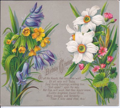 بطاقة عيد ميلاد من العصر الفيكتوري مع بخاخات من أزهار النرجس البري والأزرق ، حوالي عام 1880 بواسطة مدرسة اللغة الإنجليزية