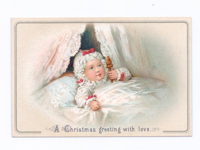 A Victorian Christmas card of a child in bed holding a rattle, c.1880 (colour litho) بواسطة مدرسة اللغة الإنجليزية