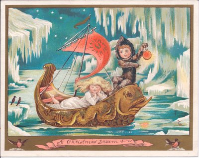 A Victorian Christmas card of a girl fairy asleep in an ornate dolphin boat on a frozen sea while a boy fairy is holding a lamp, c.1880 (colour litho) بواسطة مدرسة اللغة الإنجليزية