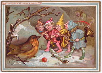 بطاقة عيد الميلاد الفيكتورية لمجموعة من الجان يحملون آلات موسيقية ويحدقون في روبن الحائر ، حوالي عام 1880 بواسطة مدرسة اللغة الإنجليزية