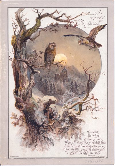 A Victorian Christmas card of an owl perched on a branch on a moonlit night, c.1880 (colour litho) بواسطة مدرسة اللغة الإنجليزية