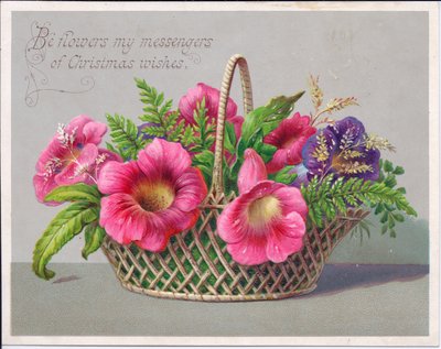 A Victorian Christmas card of flowers in a wicker basket, c.1880 (colour litho) بواسطة مدرسة اللغة الإنجليزية