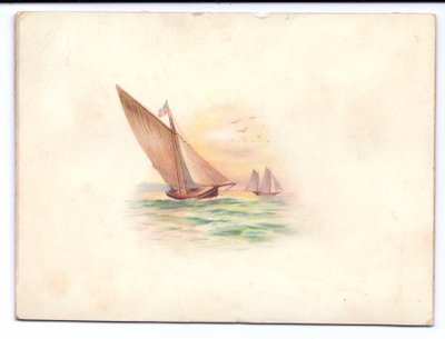 بطاقة السنة الجديدة الفيكتورية مع اليخوت التي تبحر في ضوء القمر ، حوالي عام 1895 بواسطة مدرسة اللغة الإنجليزية