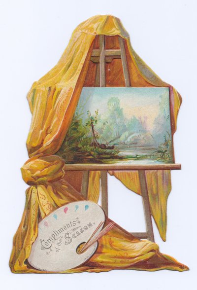 بطاقة فيكتورية مقطوعة على شكل قالب لرسمة على حامل رسام وعليها ستارة، حوالي عام 1880 (طباعة حجرية ملونة) بواسطة مدرسة اللغة الإنجليزية