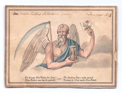 A Victorian greeting card of the grim reaper with a scythe and hourglass holding a rose, c.1815 (colour litho) بواسطة مدرسة اللغة الإنجليزية
