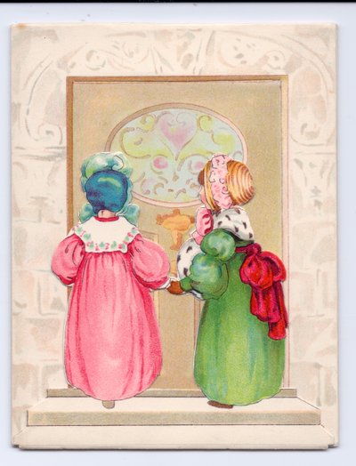 A Victorian greeting card of two children wearing bonnets about to enter a front door, c.1880 (colour litho) بواسطة مدرسة اللغة الإنجليزية