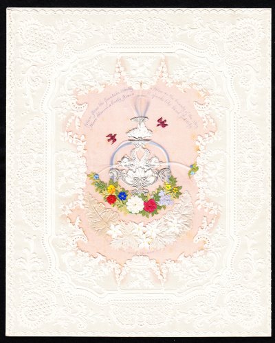 بطاقة عيد حب من الدانتيل الورقي الفيكتوري على شكل نافورة مع زهور، حوالي عام 1870 (طباعة حجرية ملونة) بواسطة مدرسة اللغة الإنجليزية