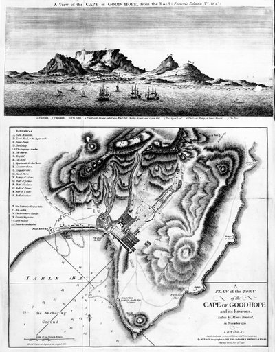 منظر لرأس الرجاء الصالح وخطة لبلدة رأس الرجاء الصالح وضواحيها ، نُشر عام 1795 بواسطة مدرسة اللغة الإنجليزية