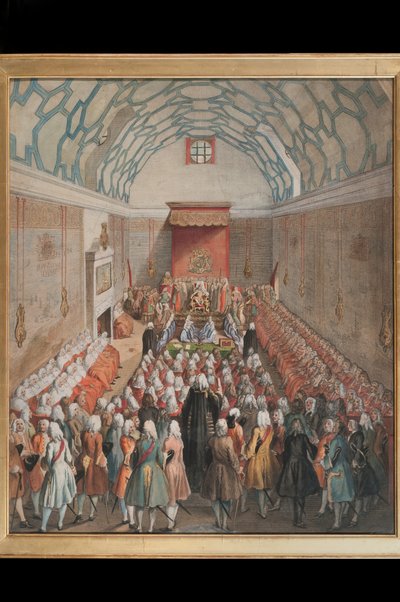 منظر لمجلس اللوردات ، نقشه بنيامين كول (fl.1748-75) c.1755 (النقش الملون باليد) بواسطة مدرسة اللغة الإنجليزية