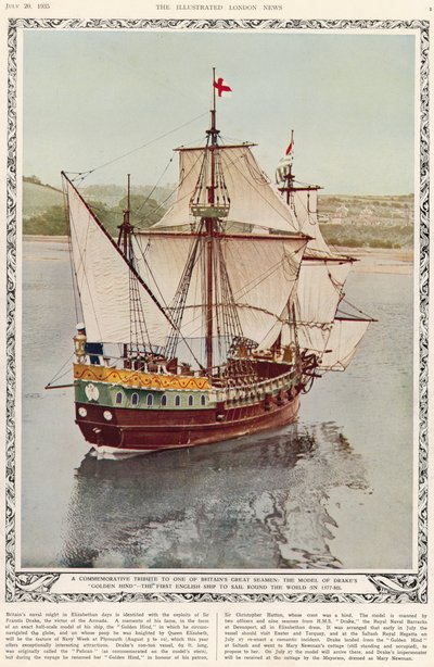 تكريم تذكاري لأحد البحارة البريطانيين العظماء: نموذج Drakes Golden Hind ، أول سفينة إنجليزية تبحر حول العالم في 1577-80 ، من The Illustrated London News Royal Naval and Mi بواسطة مدرسة اللغة الإنجليزية