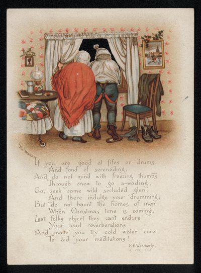 A couple objecting to carol singers outside their window, Christmas greetings card. (chromolitho) بواسطة مدرسة اللغة الإنجليزية