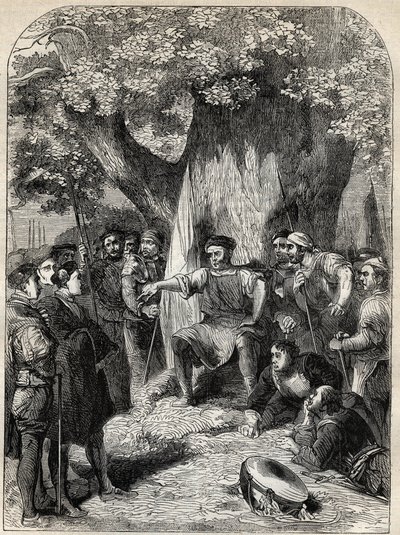 مجموعة من المنشقين في نورفولك أثناء تمرد روبرت كيت عام 1549 - ثورة في نورفولك ، إنجلترا في عهد إدوارد السادس - كيت تانر (1492-1549) مضايقة أتباعه تحت غطاء الإصلاح - نقش من "تاريخ إنجلترا" " ب بواسطة مدرسة اللغة الإنجليزية