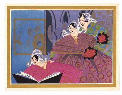 بطاقة عيد الميلاد Pochoir الفرنسية الملونة باليد تصور ثلاث سيدات يغنن من كتاب الأغاني ، حوالي 1920 بواسطة مدرسة اللغة الإنجليزية