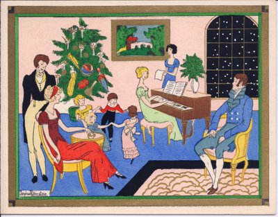 بطاقة عيد الميلاد Pochoir الفرنسية الملونة باليد لحفلة عيد الميلاد لعائلات ريجنسي ، مع الرقص والترفيه الموسيقي ، حوالي 1920 بواسطة مدرسة اللغة الإنجليزية