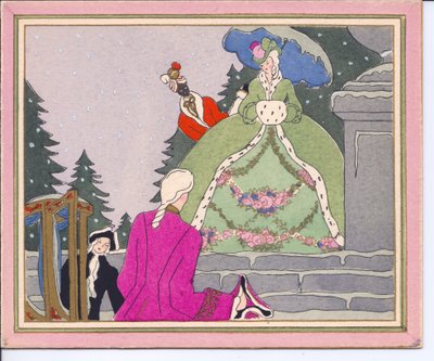 بطاقة عيد الميلاد Pochoir الفرنسية الملونة باليد لرجل مدمن يضيء من كرسي سيدان وتلتقي به سيدة ترتدي معطفا مبطن بفرو الأرمين مع خادمها الأسود ، حوالي 1920 بواسطة مدرسة اللغة الإنجليزية