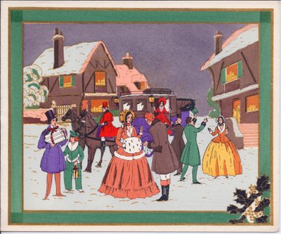 بطاقة عيد الميلاد الفرنسية الملونة يدويًا من Pochoir ، لمشهد قرية مع مدرب وخيول ، حوالي عام 1920 بواسطة مدرسة اللغة الإنجليزية