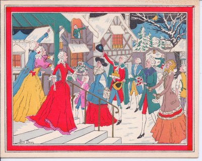 بطاقة عيد الميلاد الفرنسية Pochoir الملونة يدويًا لمشهد شتوي في زمن تيودور ، حوالي عام 1920 بواسطة مدرسة اللغة الإنجليزية