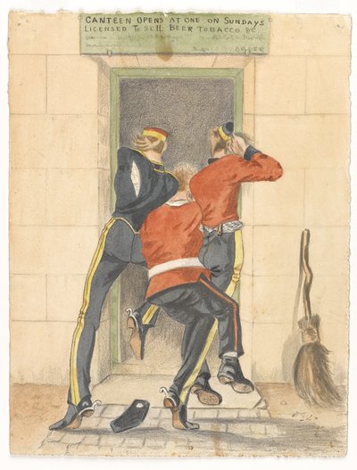 حصار ، مشاة و تنين ، كلهم يرتدون الزي العسكري ، يتدافعون من أجل دخول مقصف ، ج .1890 بواسطة مدرسة اللغة الإنجليزية