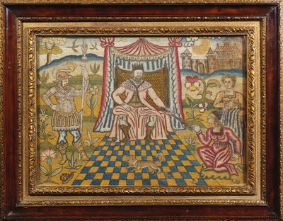 صورة تطريز تصور الملك أحشويروش جالسًا تحت مظلة ، ويمد صولجانه لإستير (خيط حرير) بواسطة مدرسة اللغة الإنجليزية